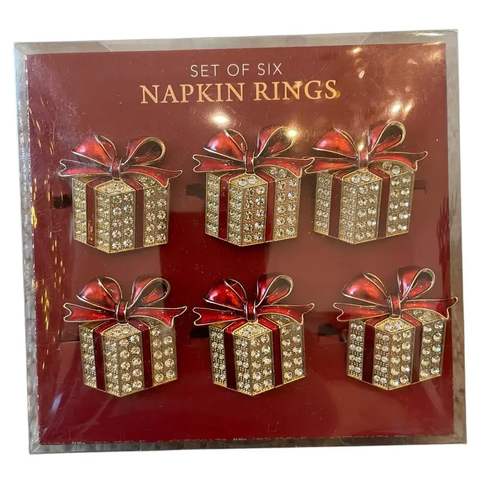 Envogue Rhinestone CHRISTMAS Present Napkin Rings Set of 6 Holiday Red Gold New